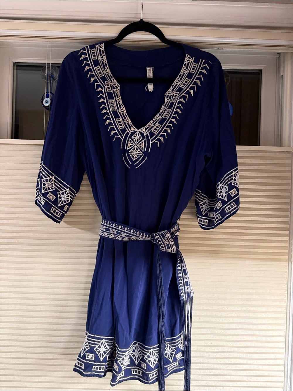 Maria Ello blue with white embroidery Boho Tunic Dress with Waist Tie w tassels